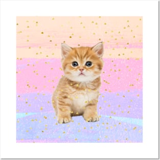 Cute Kitten on Trendy Fashion Gold Foil Embellished Background Posters and Art